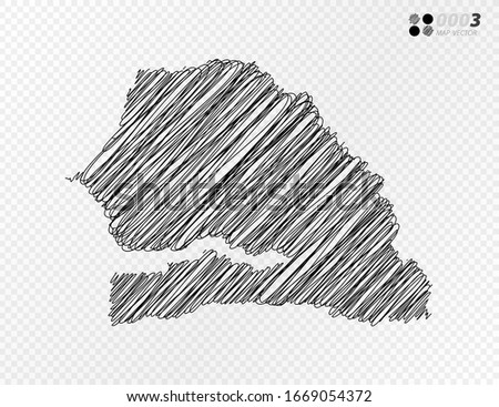 Vector black silhouette chaotic hand drawn scribble sketch  of Senegal map on transparent background.