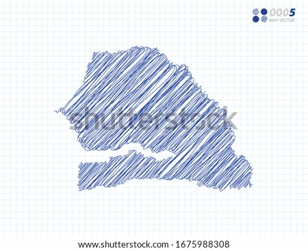 Blue vector silhouette chaotic hand drawn scribble sketch of Senegal map on grid background.