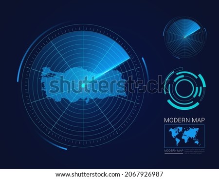 Abstract futuristic circle radar vector HUD, GUI, UI interface map of Turkey