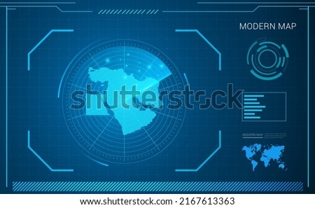 Middle East map of blue digital frame technology radar vector HUD, GUI, UI interface.