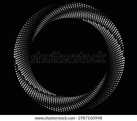 White halftone dots in vortex form. Geometric art. Trendy design element.Circular and radial lines volute, helix.Segmented circle with rotation.Radiating arc lines.Cochlear