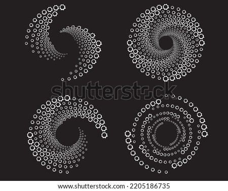 Dotted, dots, speckles abstract concentric circle. Spiral, swirl, twirl element.Circular and radial lines volute, helix.Segmented circle with rotation.Radiating arc lines.set