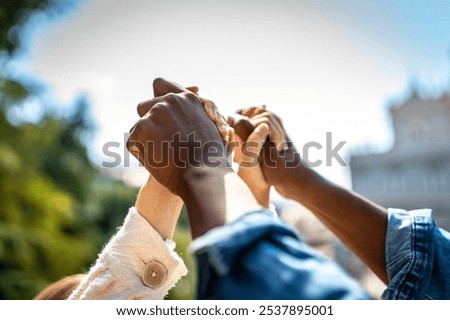 Similar – Image, Stock Photo Crop multiracial couple holding little fingers