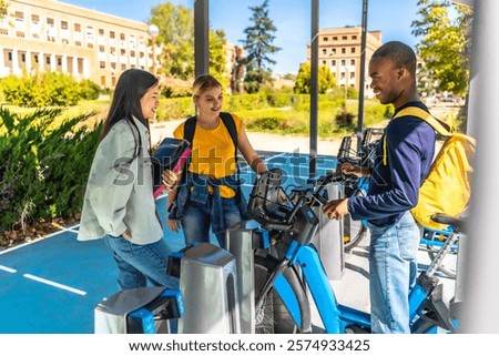Similar – Image, Stock Photo Woman renting bike using rental app on mobile phone. Using bike sharing city service. Paid rent of electric scooter. Using smartphone to rent and pay for public eco transport