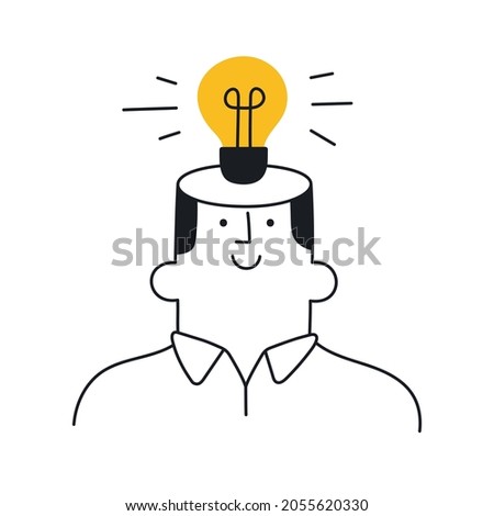 Man with a light bulb over his head. New idea, brainstorming, solution, problem solved, startup, innovation, creativity. Outline, linear, thin line, doodle art. Simple style with editable stroke.