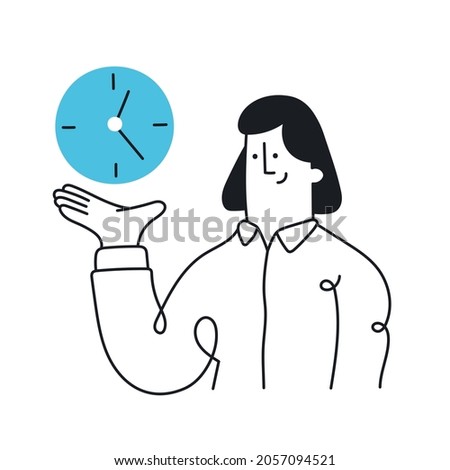 Woman holding a clock in his hand. Time management, planning, organizes working time, effective business, deadline. Outline, linear, thin line, doodle art. Simple style with editable stroke.