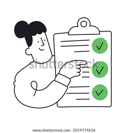 Happy woman holding to-do list with checkboxes. To do list, done job, checklist. Outline, linear, thin line, doodle art. Simple style with editable stroke.
