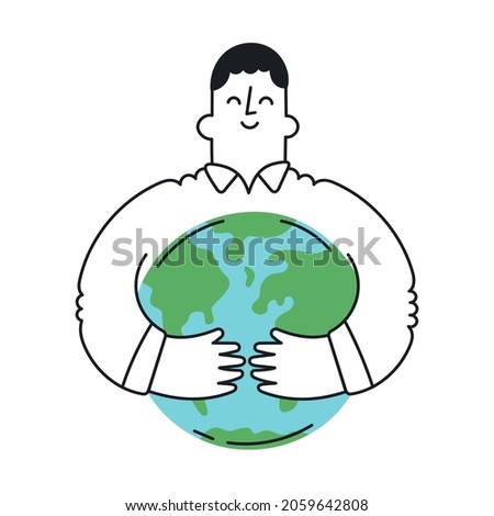 Happy man hugging earth planet. Outline, linear, thin line, doodle art. Simple style with editable stroke.