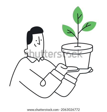 Happy businessman holding plant. Outline, linear, thin line, doodle art. Simple style with editable stroke.
