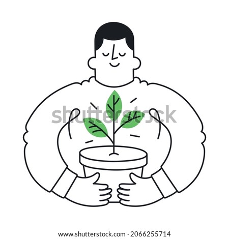 Happy man holding plant. Outline, linear, thin line, doodle art. Simple style with editable stroke.