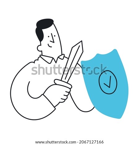 Businessman with shield and sword. Concept of security, protection, risk management. Outline, linear, thin line, doodle art. Simple style with editable stroke.