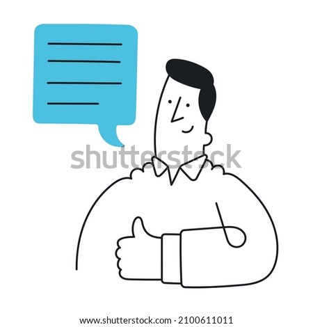 Guy with speech bubble and showing thumb up. Outline, linear, thin line, doodle art. Simple style with editable stroke.