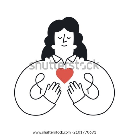Woman holding a red heart. Outline, linear, thin line, doodle art. Simple style with editable stroke.
