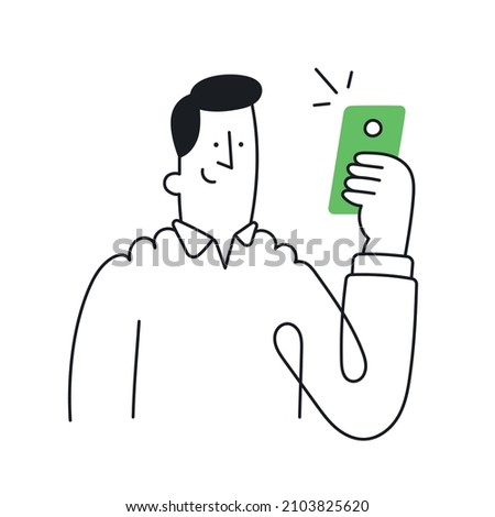 Happy man looking at phone. Outline, linear, thin line, doodle art. Simple style with editable stroke.