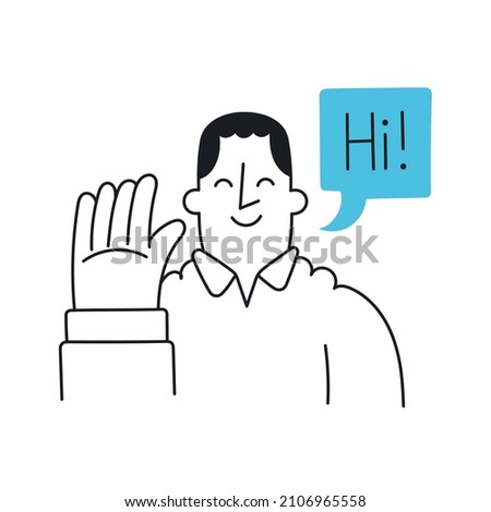 Man waving hand. Speech bubble hi. Outline, linear, thin line, doodle art. Simple style with editable stroke.