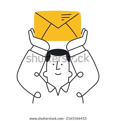 Man holding in hands big envelope. Outline, linear, thin line, doodle art. Simple style with editable stroke.