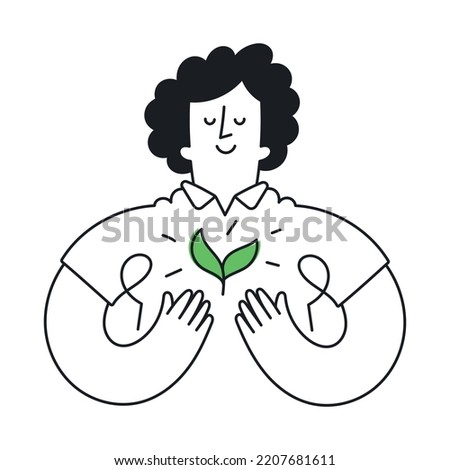 Happy woman holding a plant. Concept of ecology, green energy, new life, environmental protection. Outline, linear, thin line, doodle art. Simple style with editable stroke.