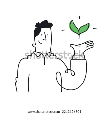 Businessman holding a plant. Concept of ecology, nature protection, green energy, eco activism. Outline, linear, thin line, doodle art. Simple style with editable stroke.
