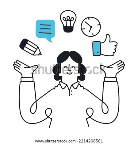 Woman presenting digital marketing tools. Outline, linear, thin line, doodle art. Simple style with editable stroke.