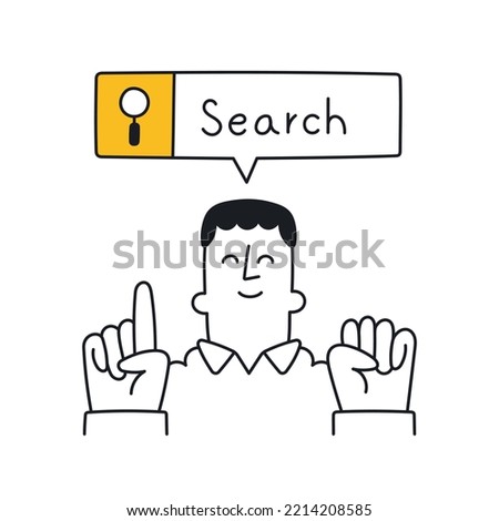 Happy man pointing to search bar. Outline, linear, thin line, doodle art. Simple style with editable stroke.