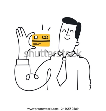 Happy guy holding a credit card. Simple, thin line, doodle style with editable stroke.