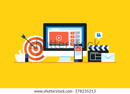 Video marketing, Online video. Flat design modern vector illustration concept.