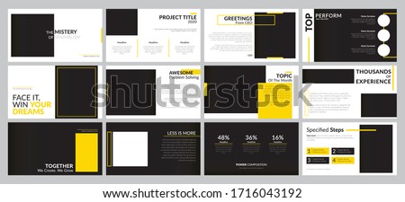 Minimal presentation background templates for business report, keynote, marketing, advertisement, and google slide. Clean and professional looks. Yellow and black modern presentation template designs.