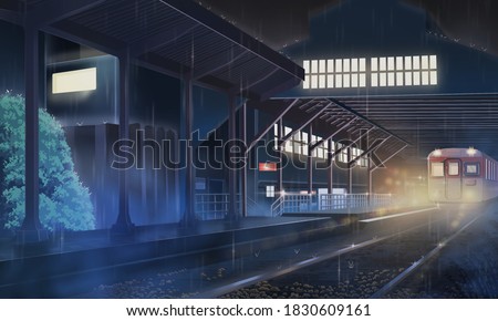 Anime Rain Station at Night Background