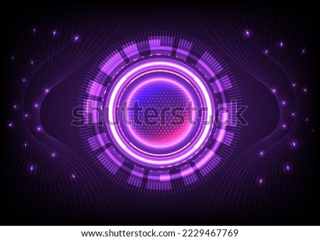 ็Hi tech black background there is a glowing world In the middle there is a tech circle, on the outside there is a curved net. There is a bright spot on the line. purple gradient background