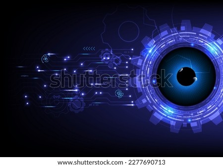 abstract background future technology innovation Blue glowing eyes with Electronic circuit gears with bright dots and elements on a gradient background