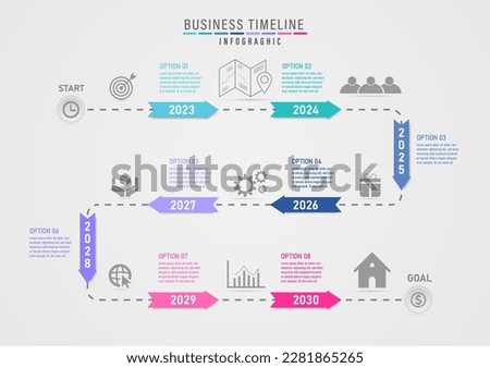 infographic timeline 8 years dotted line Arrows with white year numbers circle the start point and finish point between routes with icons. Gray gradient background. Design for marketing, product.