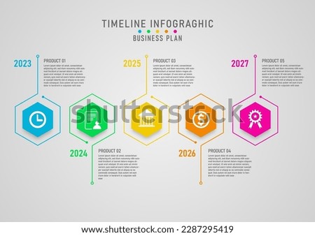timeline infographic multi colored hexagons with lines Business and product growth planning 5 years. Multiple icons in the middle. gray gradient background Designed for marketing, investing, finance.