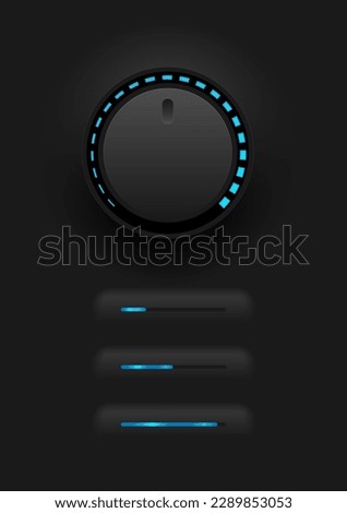 abstract electronic technology circular volume knob and led light minimum and to maximum square 3 with led indicator black gradient background