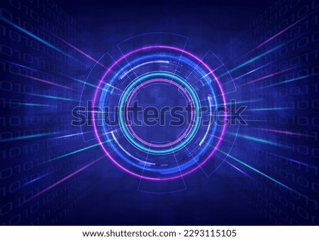 abstract background future technology Tech circle with empty space in the middle Multi-colored glowing neon with beam moving binary and cube perspective. blue gradient background