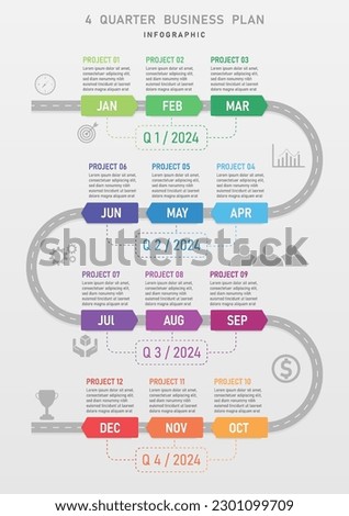 timeline simple infographic Vertical business work plan template 4 quarter arrow multicolored on curved road white month abbreviation gray icon, gray gradient background