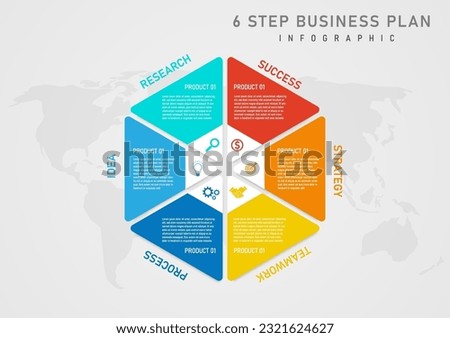 infographic template 6 step business plan success hexagon segmented multicolored white lettering inner icon world map background on gray gradient background design for marketing, product, project