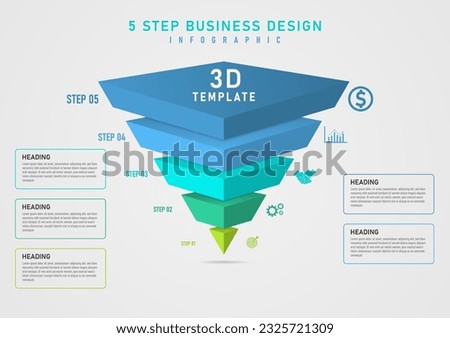 3D infographic template 5 steps triangle inverted pyramid divided into multicolored segments Several icons on the right with square frame and gray gradient background lettering for business, marketing