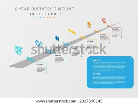 infographic isometric business timeline template 6 years road with number right center with circle line and arrow left icon blue frame with right letter on gray gradient background