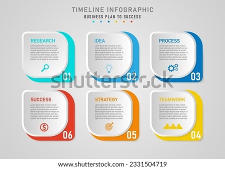 infographic template 6 step business plan for success multi colored rounded rectangle top gray button There is a letter and an icon in the middle. numbers in the bottom corner gray gradient background