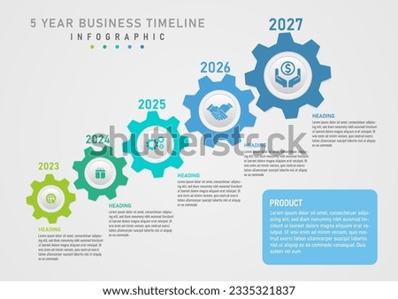 infographic timeline business 5 years multicolored gears aligned The circle in the middle with the icon above it has a number, the right side has a letter and a frame. gray gradient background