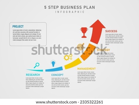 Infographic 5 steps. Business plan for success arrows divided into multicolored sections right side with lettering. On the left there is an icon. gray gradient background design for marketing, product