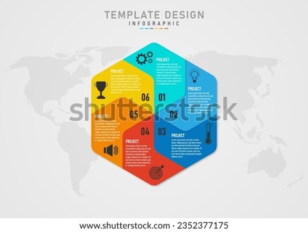 infographic template 5 business projects hexagon divided into several sections of different colors numbers, letters and icons above Below is a map. gray gradient background