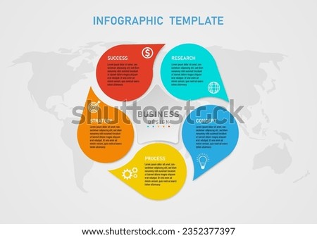 Infographic 5 Step Business Plan for Success multicolored geometric shapes letters and icons above In the center of the star shape and text above. Below is a map gray gradient background