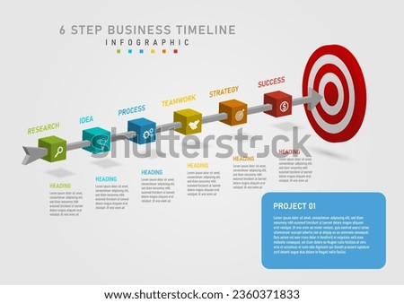 3d infographic 6 steps business planning to success circle target and arrow angle isometric cube multicolored white icon front Above and below there is text. gray gradient background