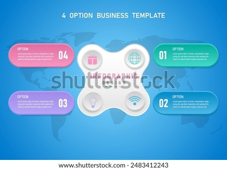 Infographic template 4 options gray center circle button with icon on top Multi-colored rounded squares with letters and numbers on the outside. The map below has a blue gradient background.