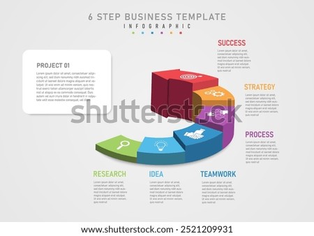 3D Infographic Template 6 Step Business Plan Multicolored Curved Arrows Divided Into Different Levels At the top there is a white icon with text around the outside. The left square has letters.