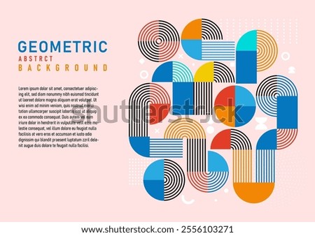 Abstract geometric horizontal background with many bright colors and white elements. On the left there is space to place text on a pink background designed for book covers, brochures, cards.