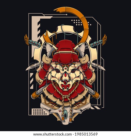 Mecha Samurai Fox Cyberpunk Illustration. Fox Head with Two Short Samurai Swords Shirt Design with a Robot Theme