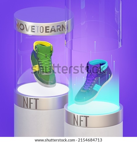 NFT sneakers in cylindrical showcases with inscriptions MOVE TO EARN and NFT. 3d illustration of the trend MOVE TO EARN in the crypto industry Stock foto © 