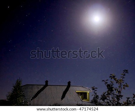 Moho roof of the house, childhood home, pleasant starry sky, my country, moon, star night, visible stars